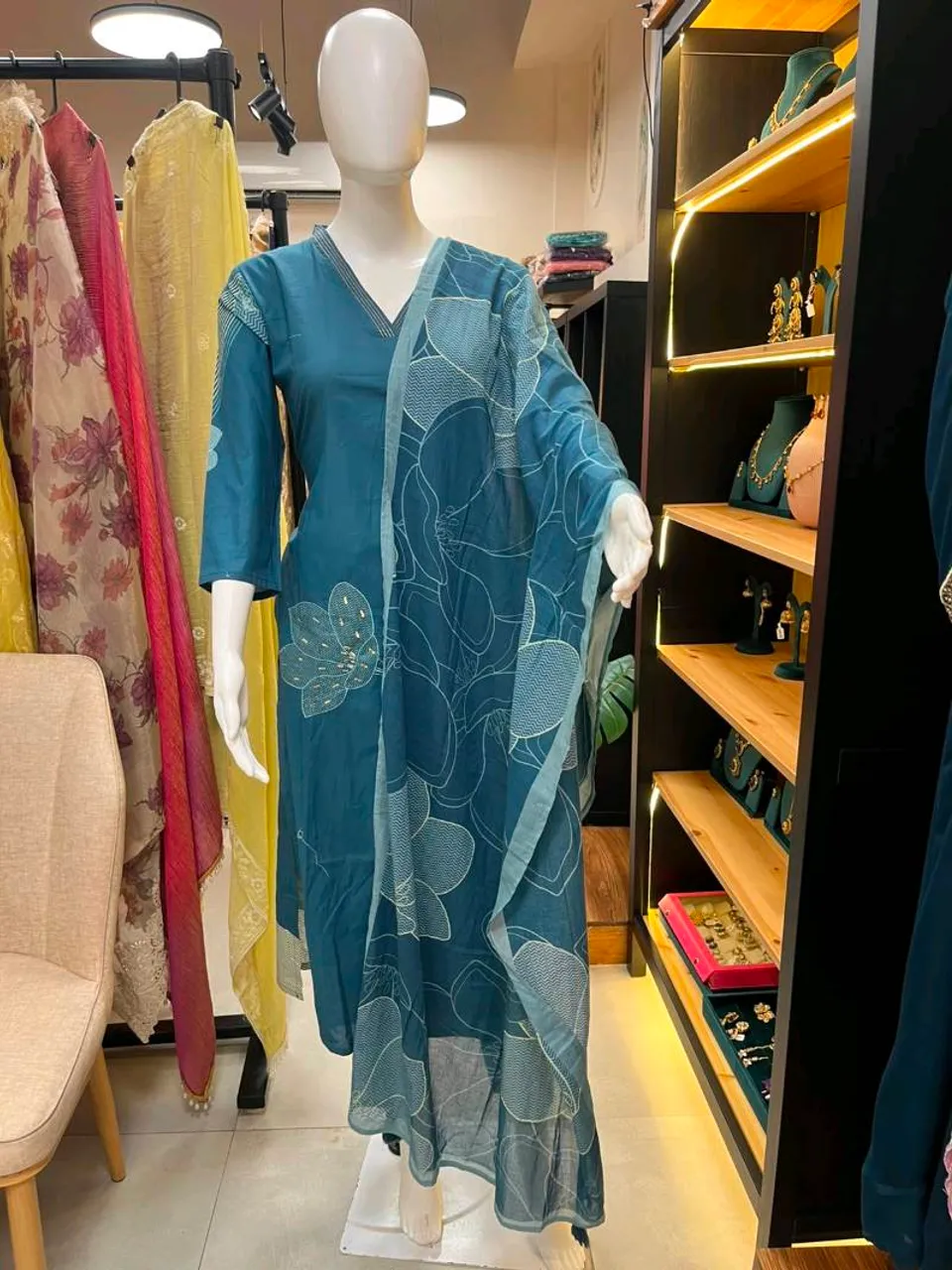 Teal Embroidered and Printed Straight Suit (R085)