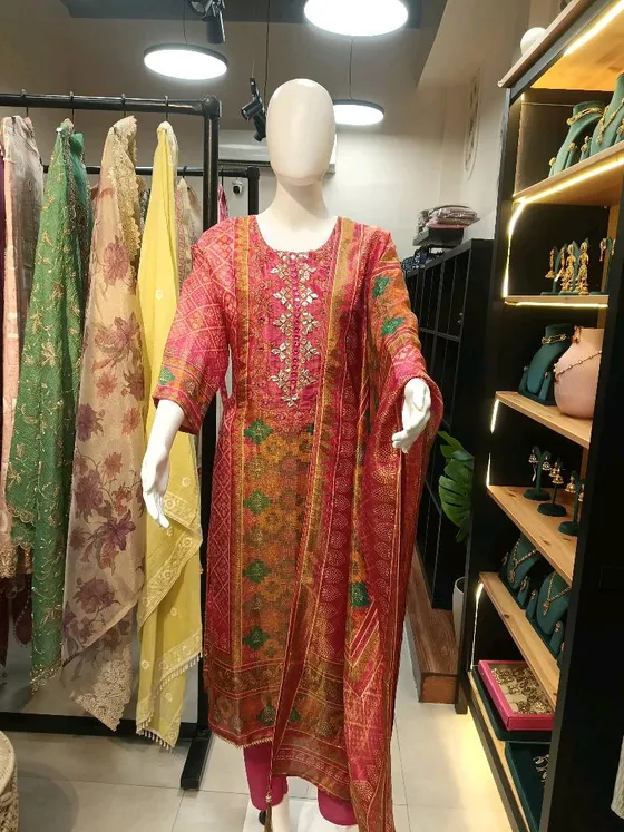 Pink and Orange Embroidered Mirror Work Straight Suit (R0067)