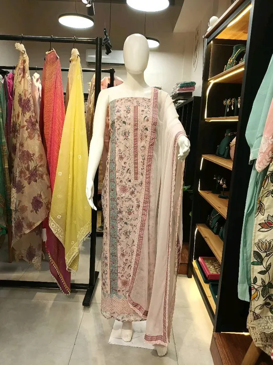 Peach Printed and Embroidered Unstitched Dress Material (D0343)