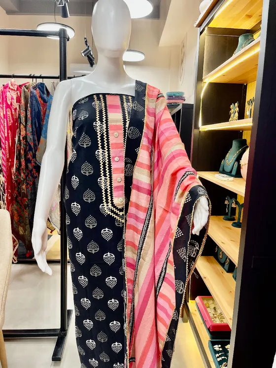 Black Cotton Printed Unstitched Dress Material (D471)