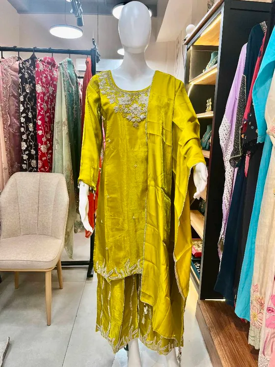 Lime Green Silk Embroidered Palazzo Suit (R343)