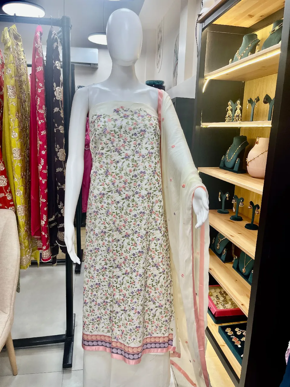 Off-White Embroidered Dress Material (D452)