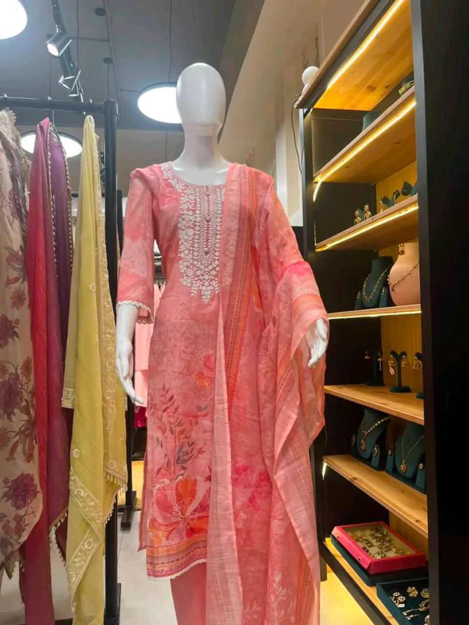 Peach Pink Embroidered Printed Straight Suit (R0402)