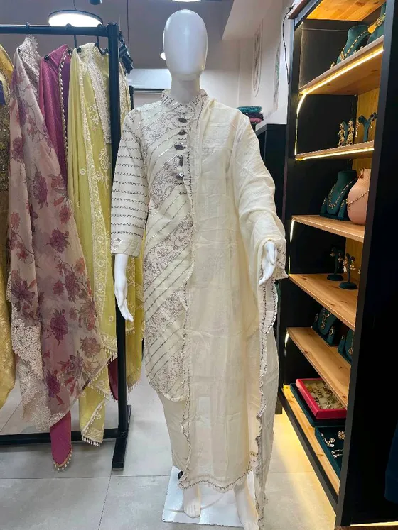 Cream Patterned Straight Suit (R0090)