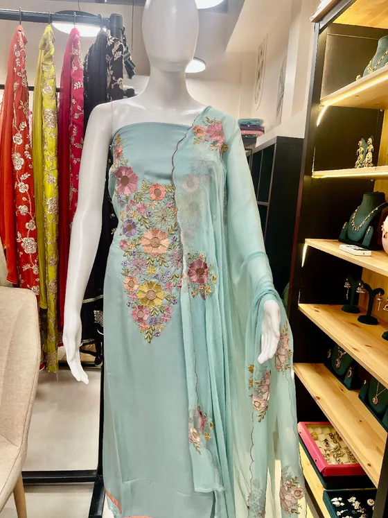Aqua Blue Embroidered Unstitched Dress Material (D461)