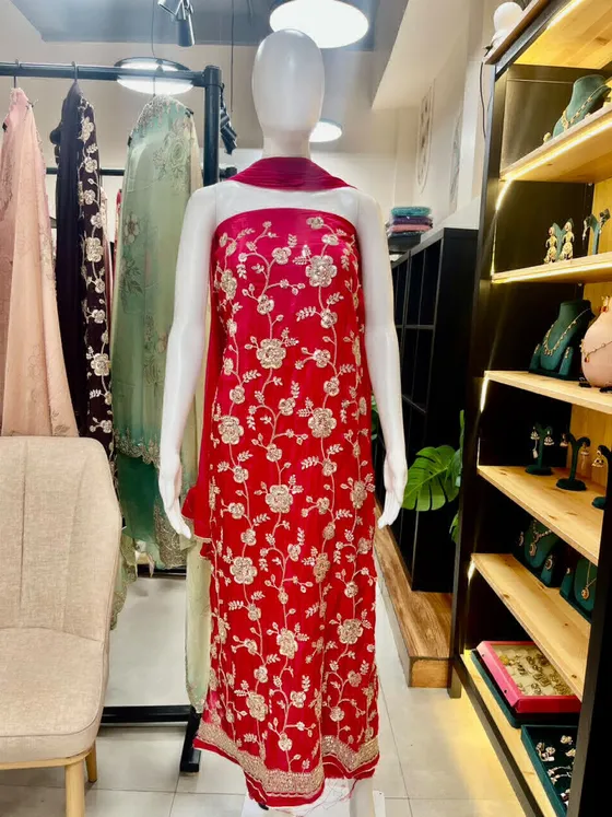 Maroon Silk Embroidered Unstitched Dress Material (D457)