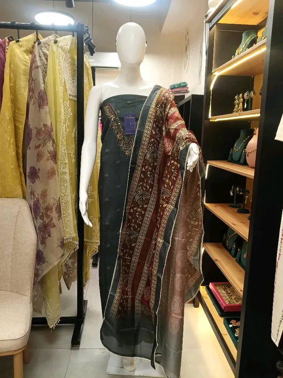 Dark Grey Embroidered Printed Dress Material (D0130)