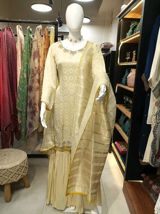 Cream Silk Embroidered Sharara Suit (R155)