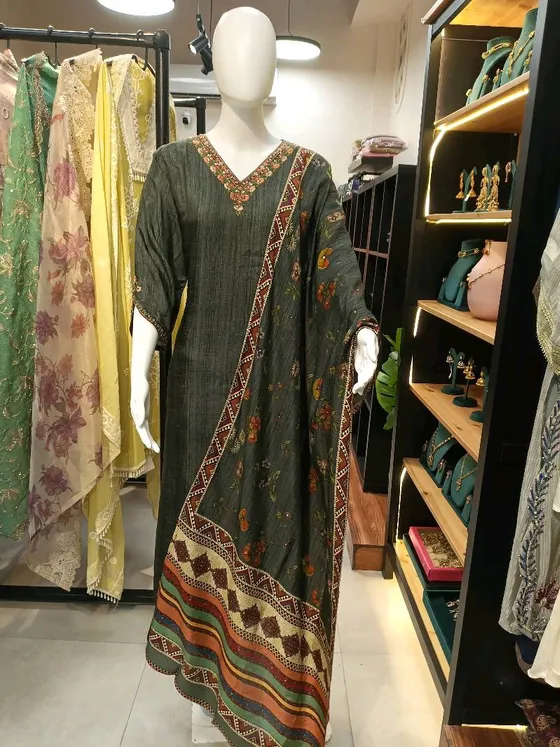 Dark Green Embroidered Printed Straight Suit (R0068)