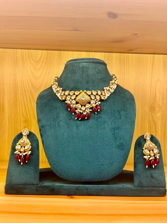 Gold Toned Kundan Polki Red Stone Necklace Set