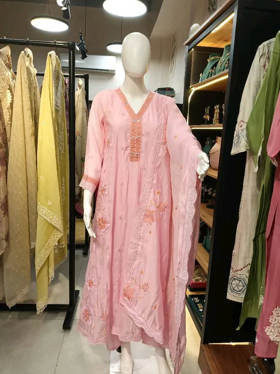 Pink Silk Embroidered Straight Suit (R280)