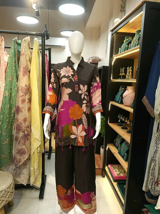 Dark Brown Printed Palazzo Suit (R223)
