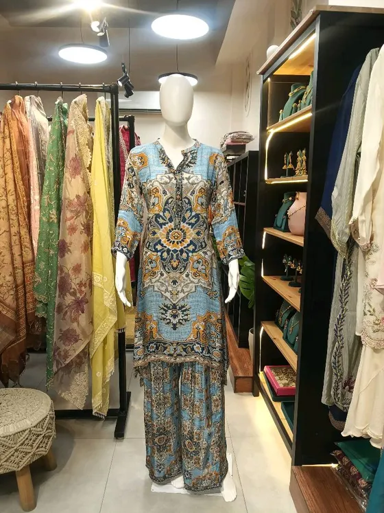 Sky Blue Printed Palazzo Suit (R228)
