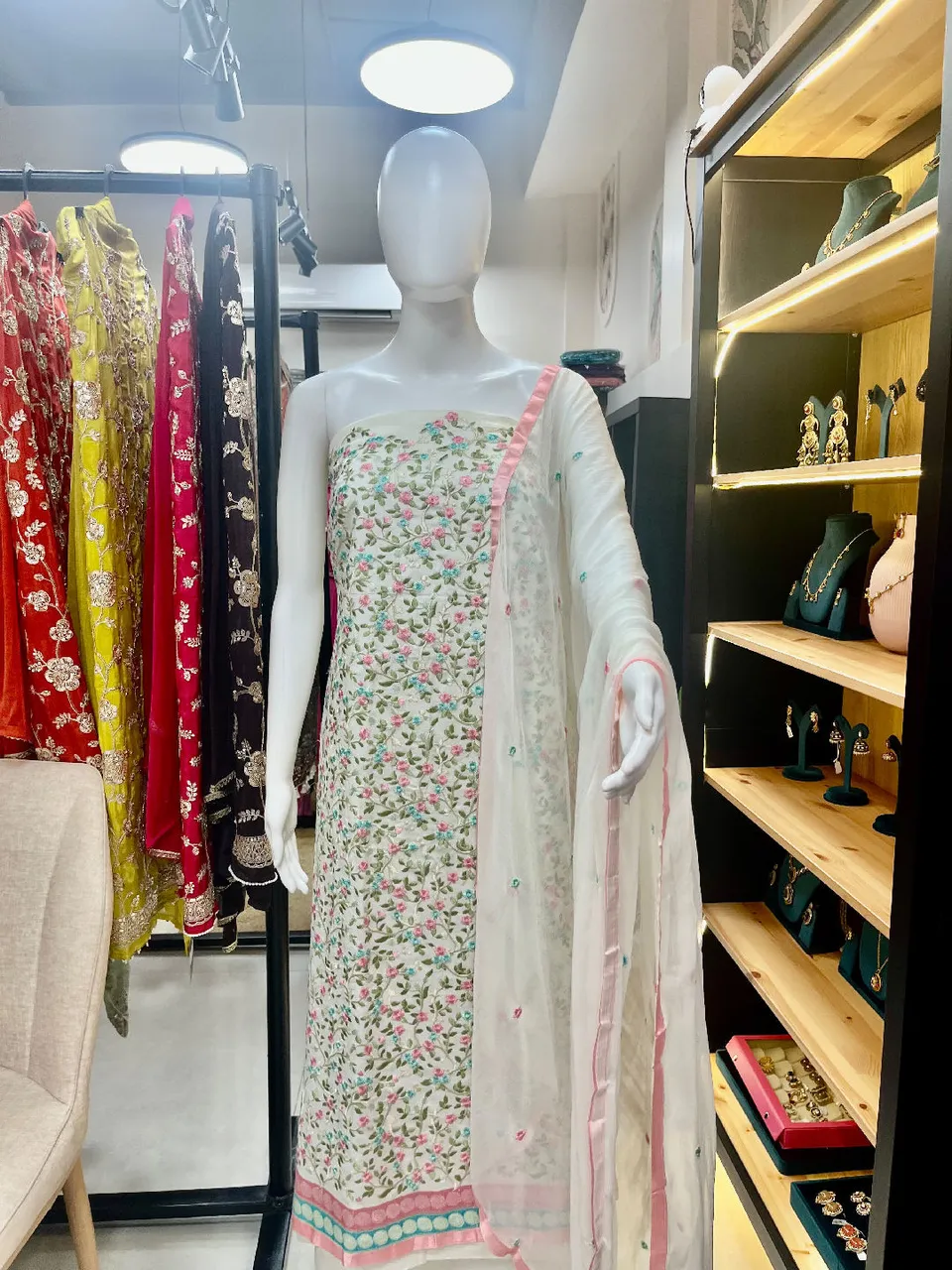 Off-White Embroidered Dress Material (D452)
