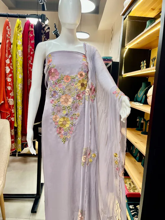 Lavender Embroidered Dress Material (D461)