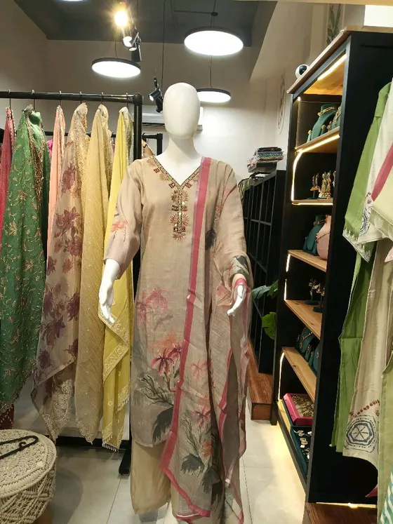 Beige Embroidered and Printed Palazzo Suit (R291)
