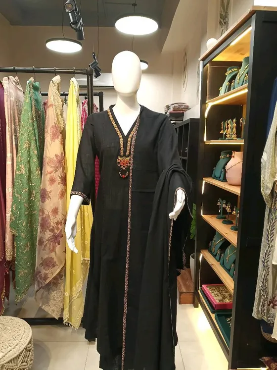 Black Cotton Embroidered Straight Suit (R190)