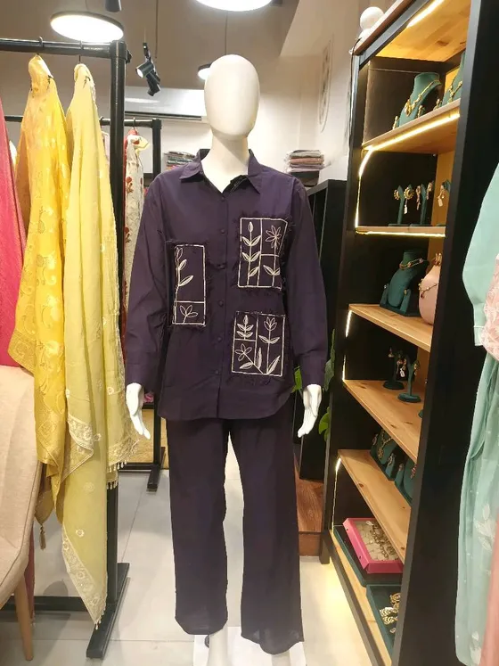 Plum Embroidered Palazzo Suit (R309)