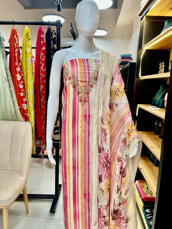 Pink Orange Embroidered Printed Dress Material (D481)