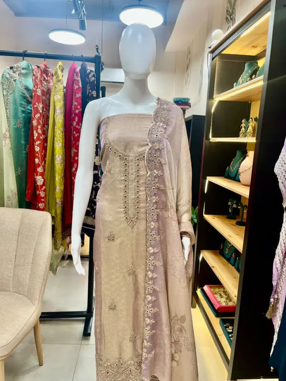 Taupe Embroidered Unstitched Dress Material (D480)