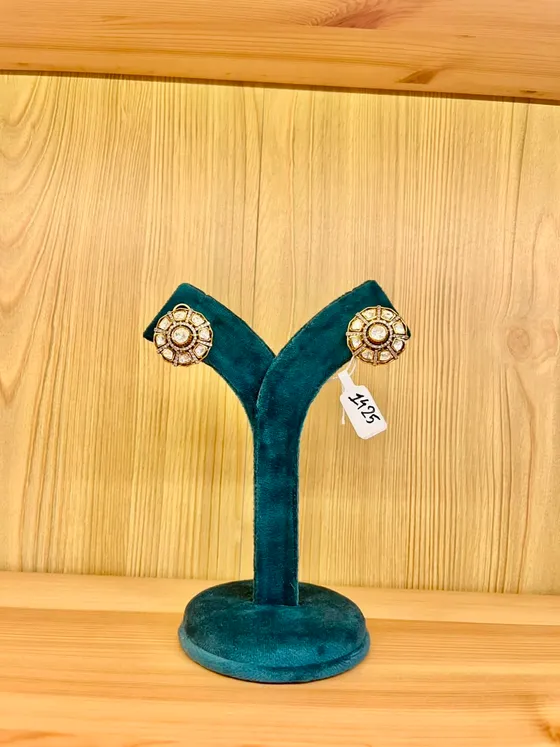 White Stone Gold Toned Stud Earrings