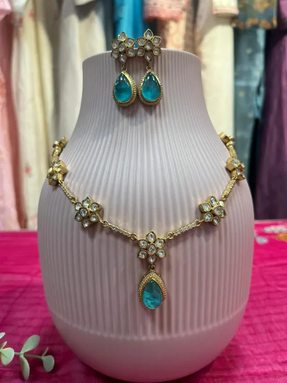 Aqua Polki Necklace & Earring Set