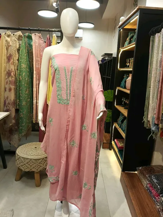 Pink Georgette Embroidered Unstitched Dress Material (D0307)