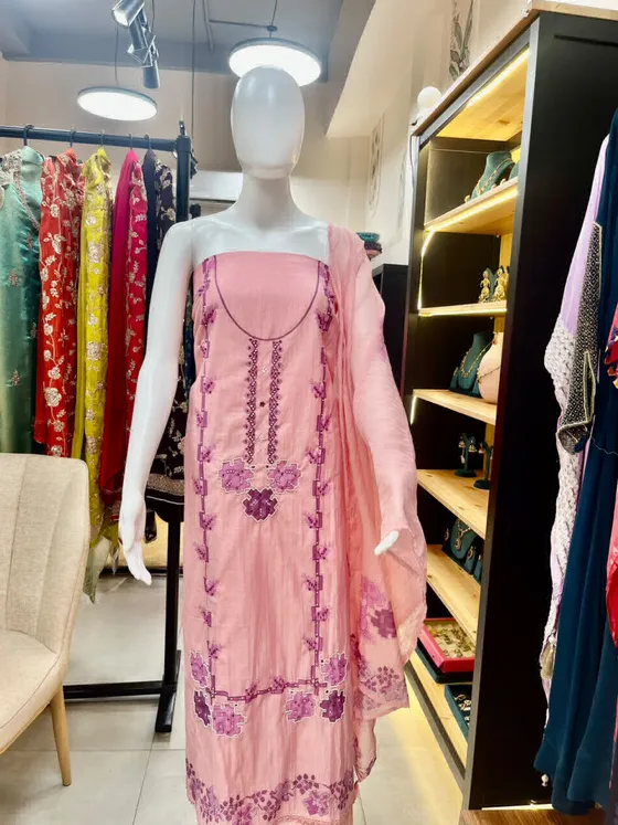 Pink Embroidered Unstitched Dress Material (D462)