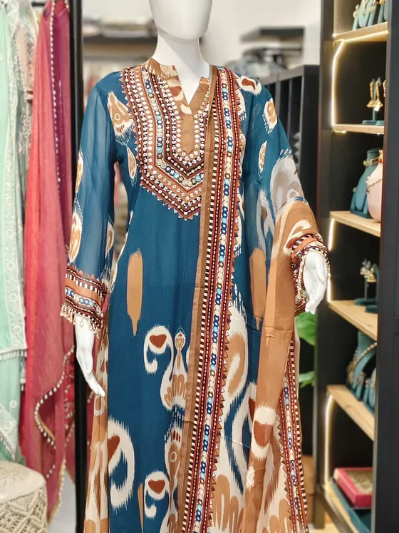 Teal Georgette Printed and Embellished Palazzo Suit (R264)