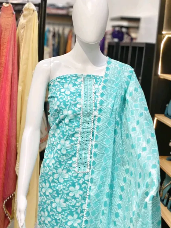 Teal Cotton Printed Unstitched Dress Material (D436)
