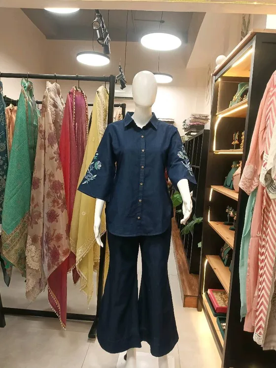 Navy Blue Cotton Embroidered Palazzo Suit (R304)