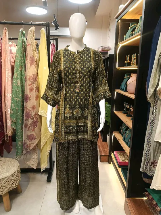 Dark Green Printed Palazzo Suit (R164)