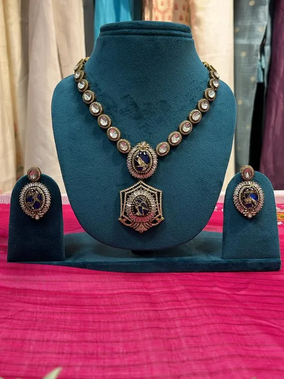 Blue Stone Gold Tone Necklace & Earring Set