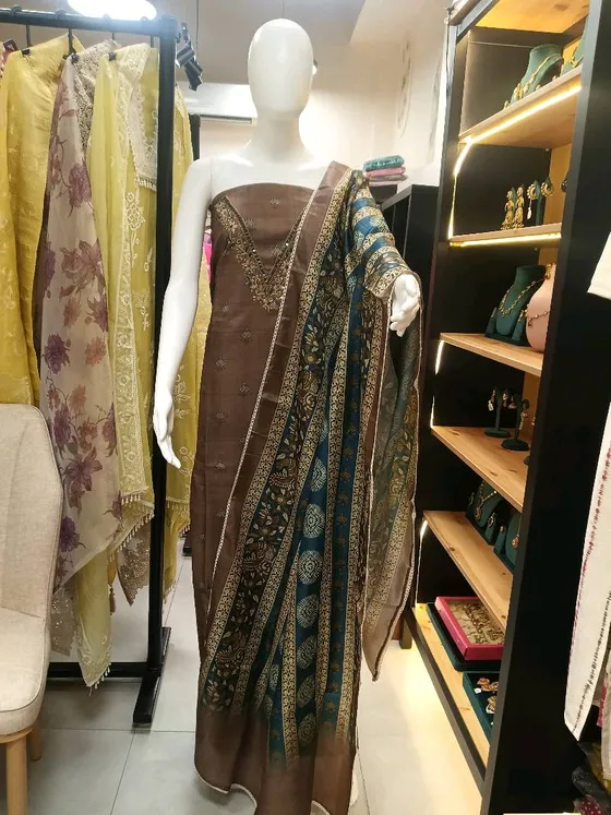 Brown Embroidered and Printed Unstitched Dress Material (D0130)