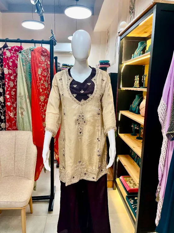 Champagne Silk Embroidered Palazzo Suit (R359)
