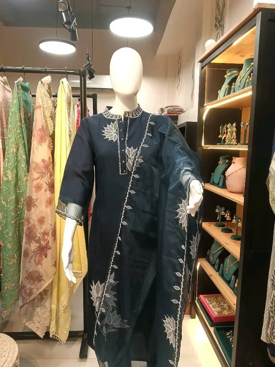 Navy Blue Organza Embroidered Straight Suit (R0015)