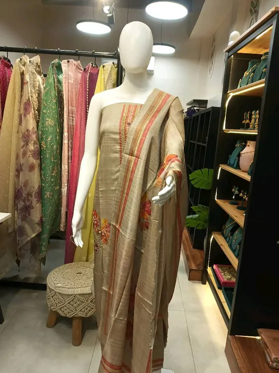 Beige Embroidered Unstitched Dress Material (D431)