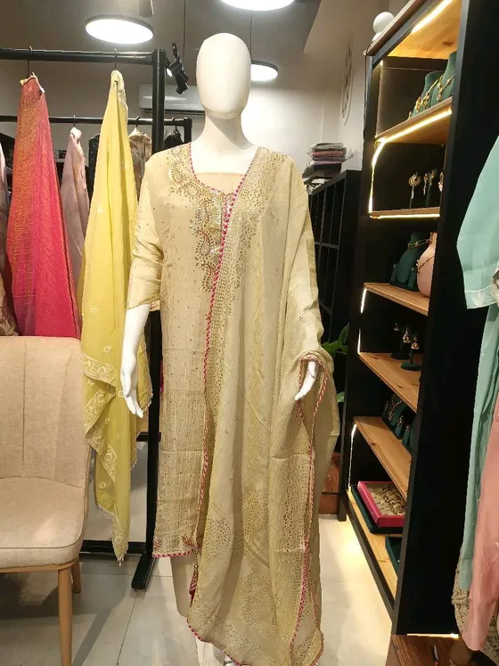 Beige Embroidered Unstitched Dress Material (D353)