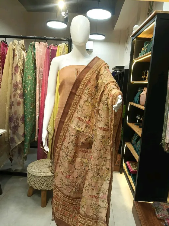 Beige Embroidered Unstitched Dress Material (D435)
