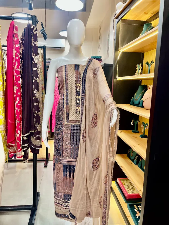Beige Printed Unstitched Dress Material (D479)