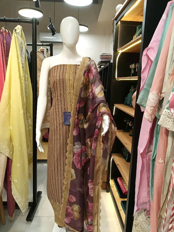 Brown Printed and Embroidered Unstitched Dress Material (D0340)