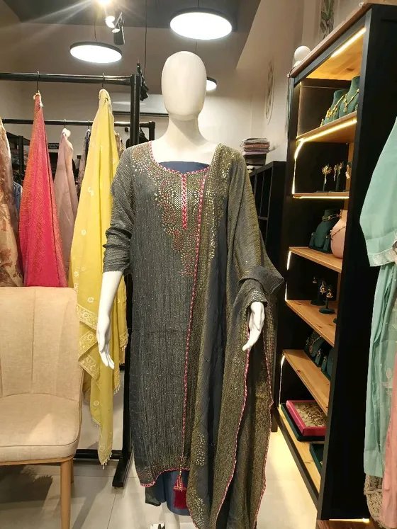 Charcoal Grey Embroidered Dress Material (D353)