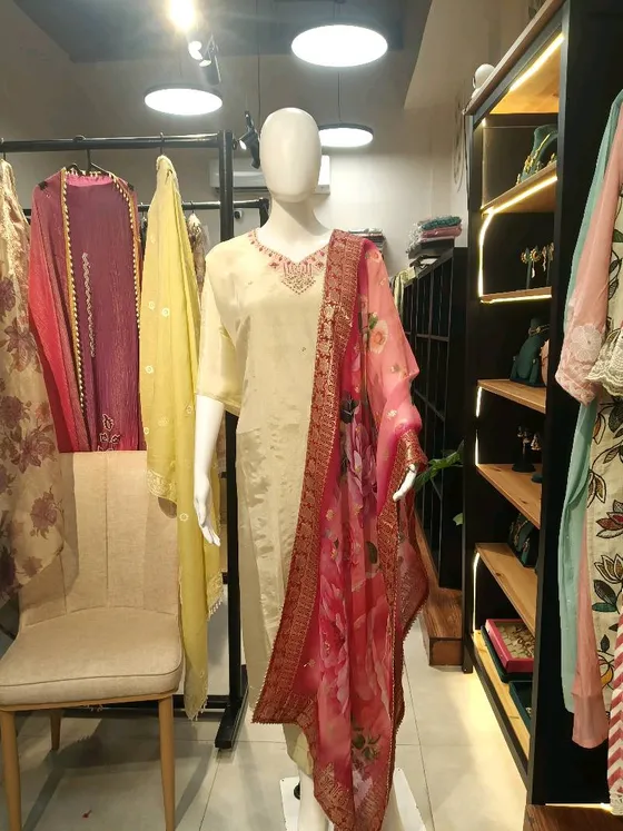 Cream Embroidered Unstitched Dress Material (D0092)