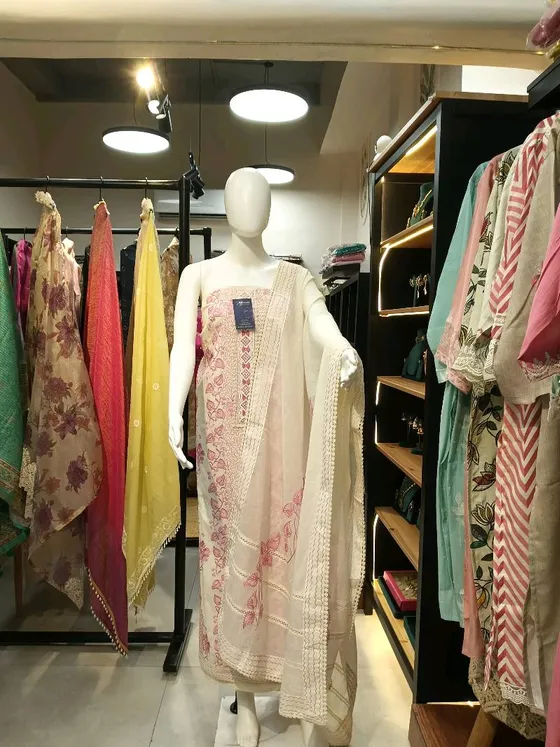 Cream Printed and Embroidered Unstitched Dress Material (D0322)