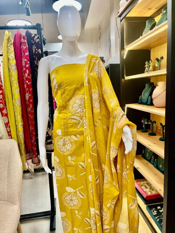 Yellow Cotton Embroidered Unstitched Dress Material (D455)