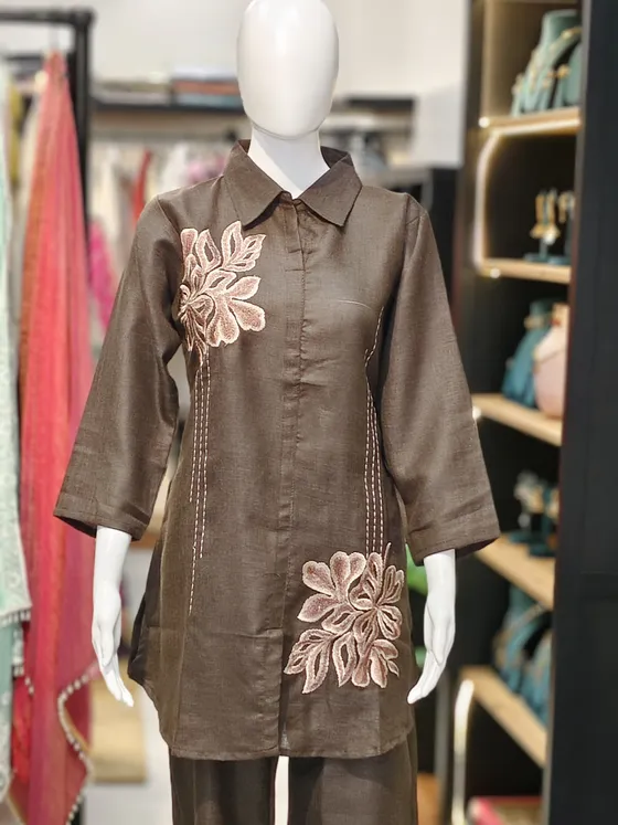 Dark Brown Embroidered Palazzo Suit (R282)
