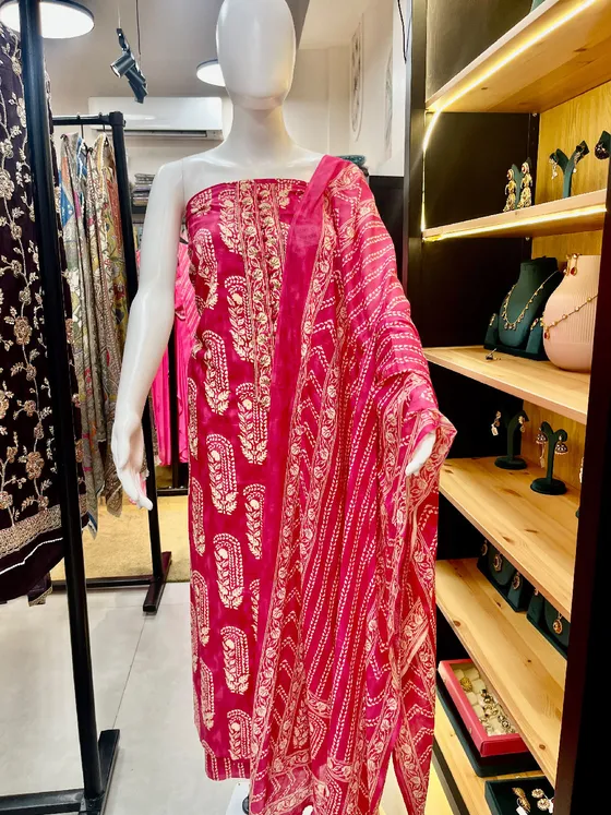 Fuchsia Pink Printed Unstitched Dress Material (D465)