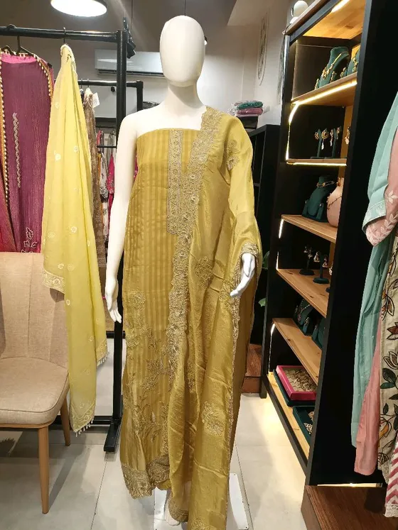 Golden Yellow Embroidered Unstitched Dress Material (D394)