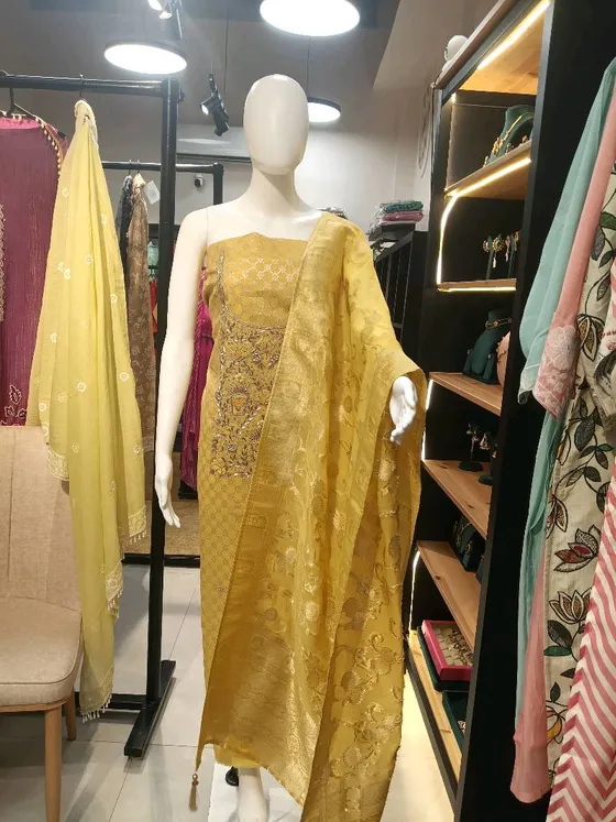 Golden Yellow Silk Embroidered Dress Material