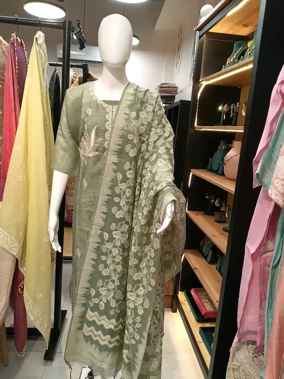 Green Embroidered and Printed Unstitched Dress Material (D0269)